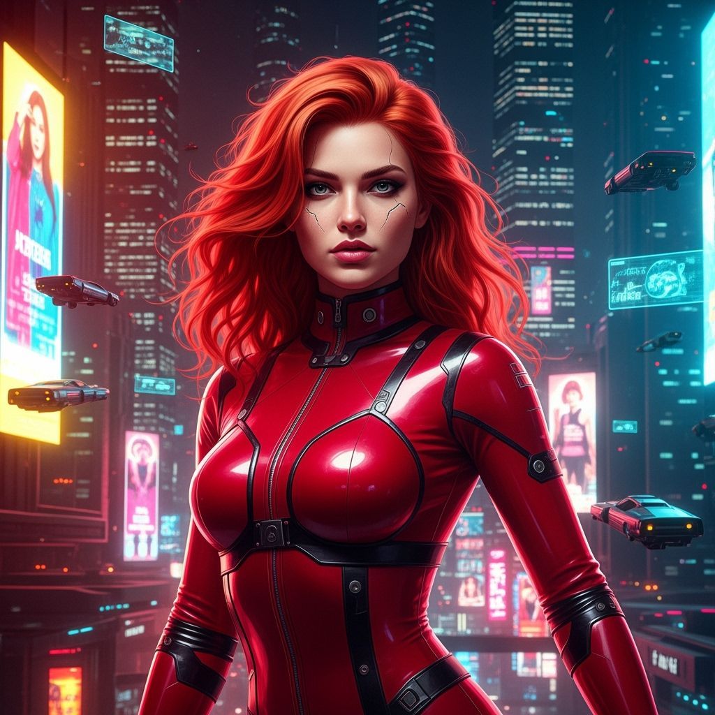 Redhead in Red Latex: Cyberpunk Cityscape Portrait