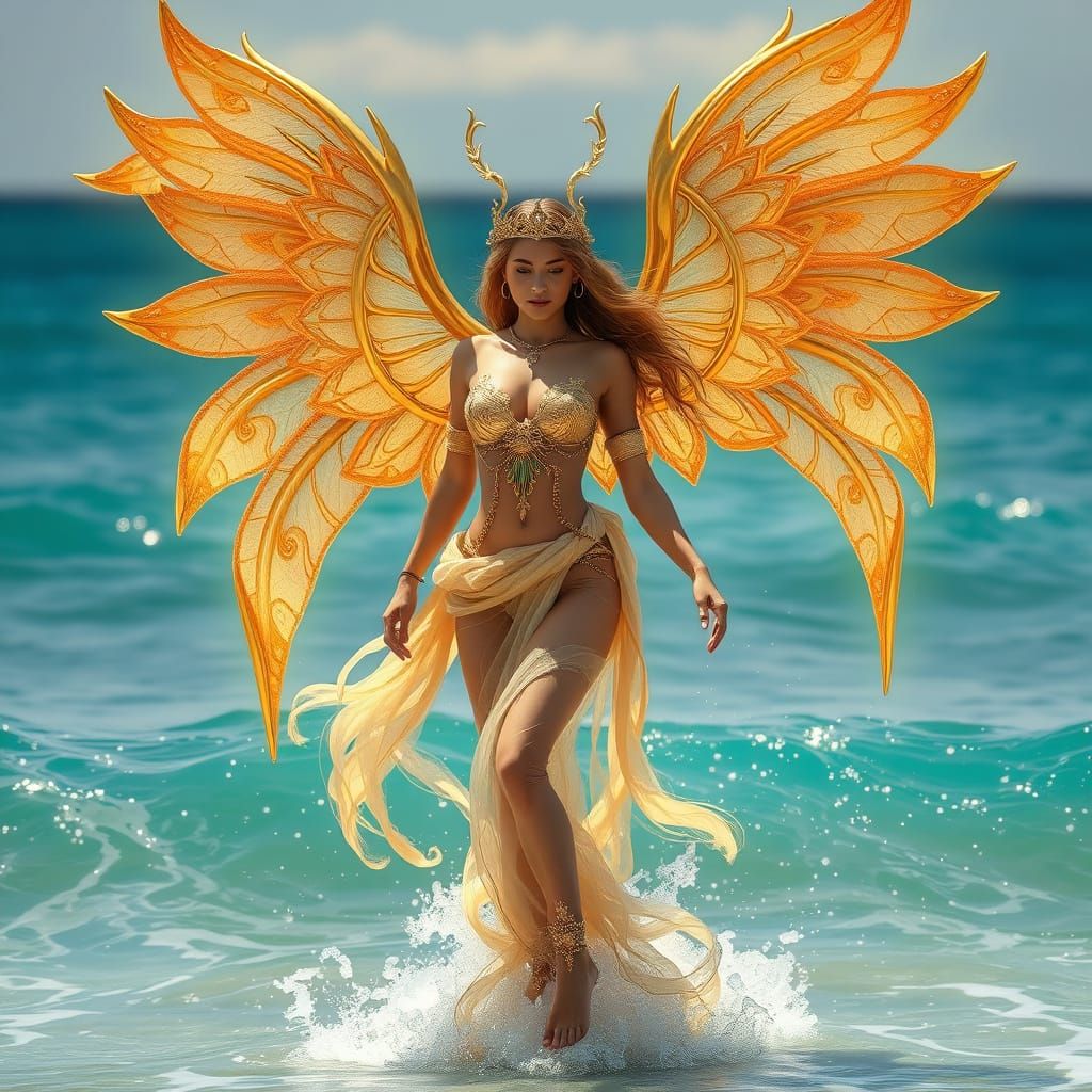 Mystical Genie with Golden Wings in Crystal Surf