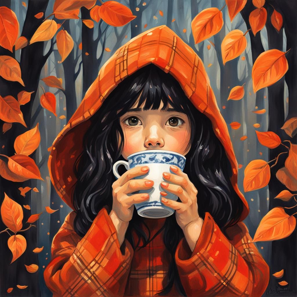 Girl with Tea Cup in Gouache Painting