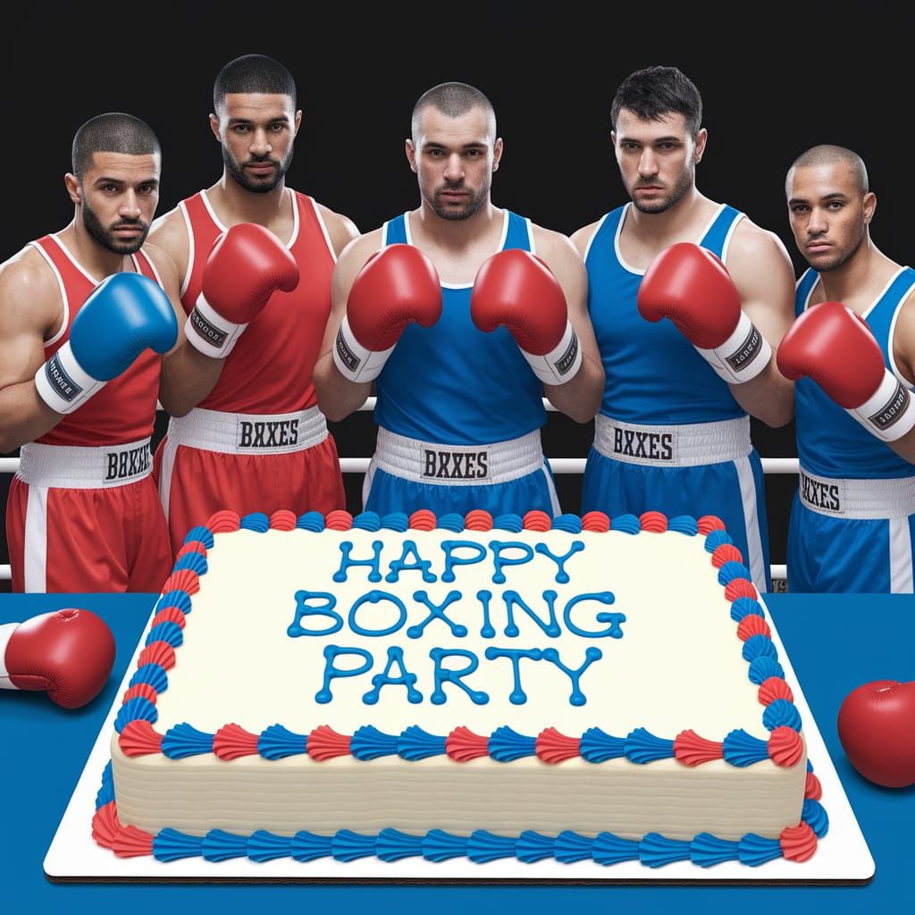 A group of boxers in boxing gear and gloves gathered around a cake that's frosted with the words "Happy Boxing Party"