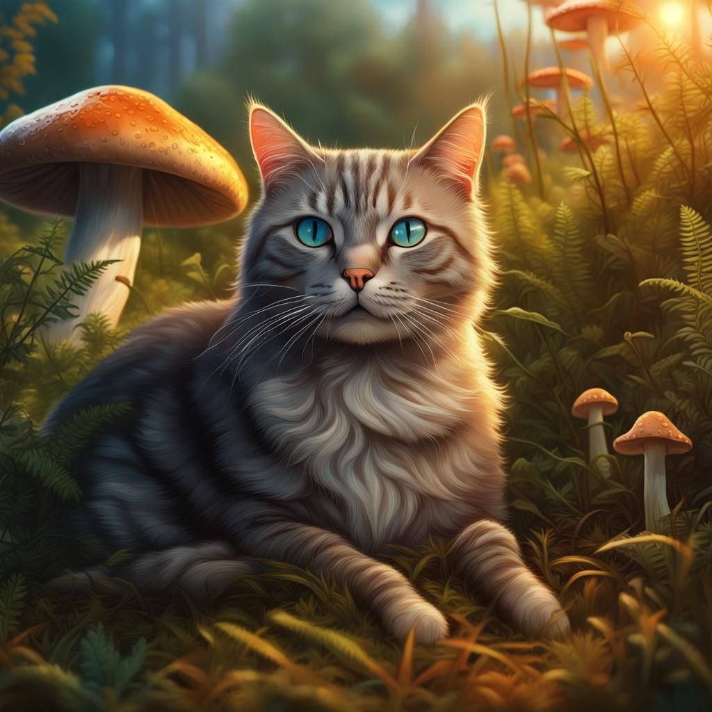Elderly Cat in a Mushroom Field: Matte Painting