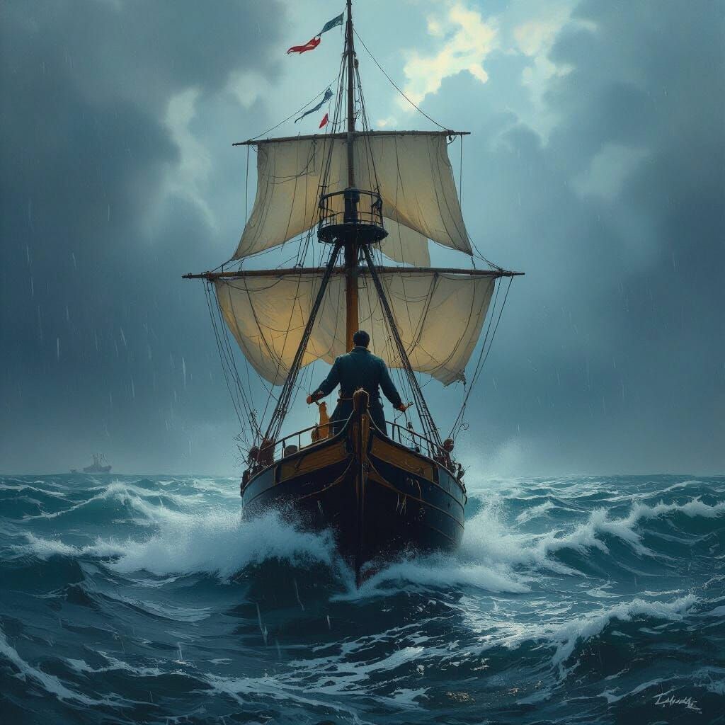 Sailor Navigating Storm on Vintage Ship: Romantic Seascapes