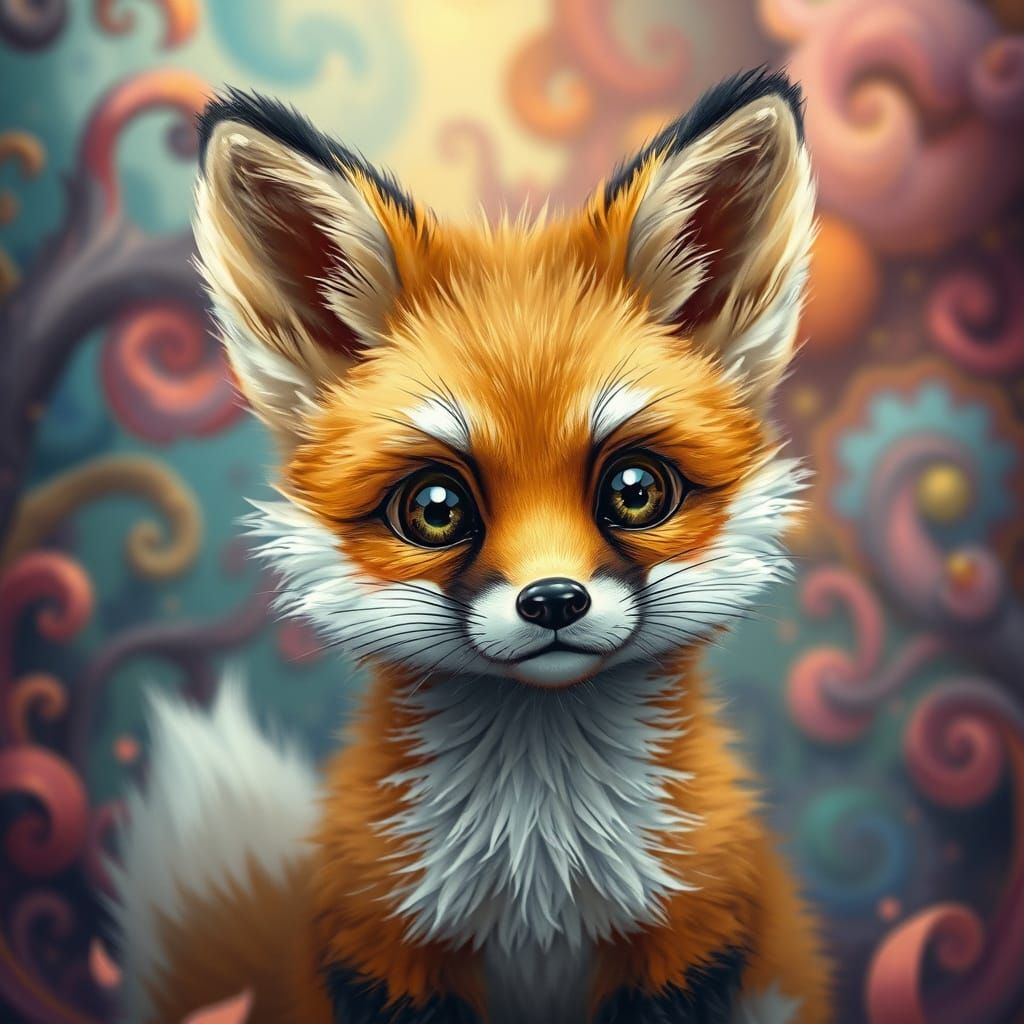 Whimsical Baby Fox with Shimmering Eyes in Dreamlike Landsca...