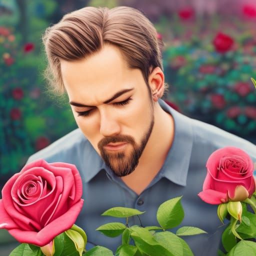 Crying Man in Rose Garden: Hyperrealistic Splash Art