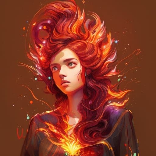 Hispanic Girl with Fire Hair, Liquid Gouache Painting
