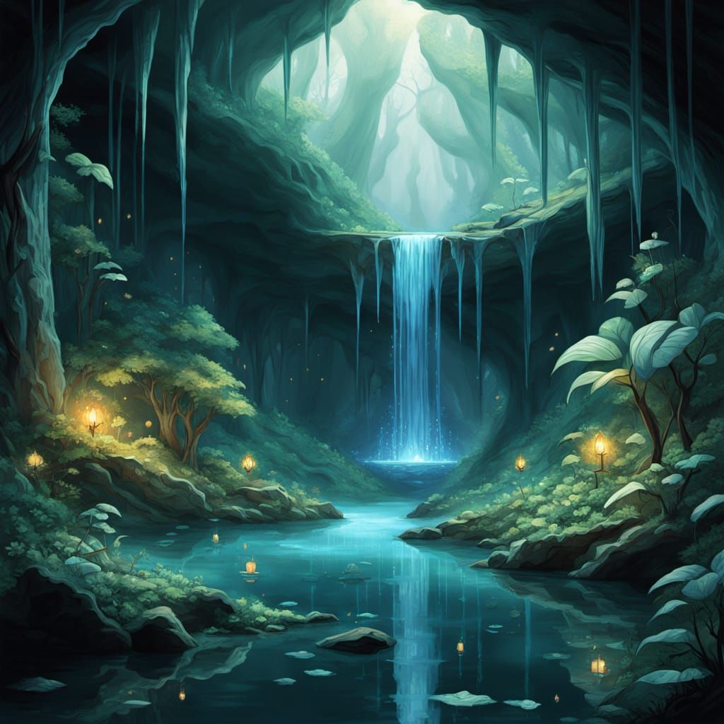 Enchanted Crystal Cave Forest with Starlit Pool