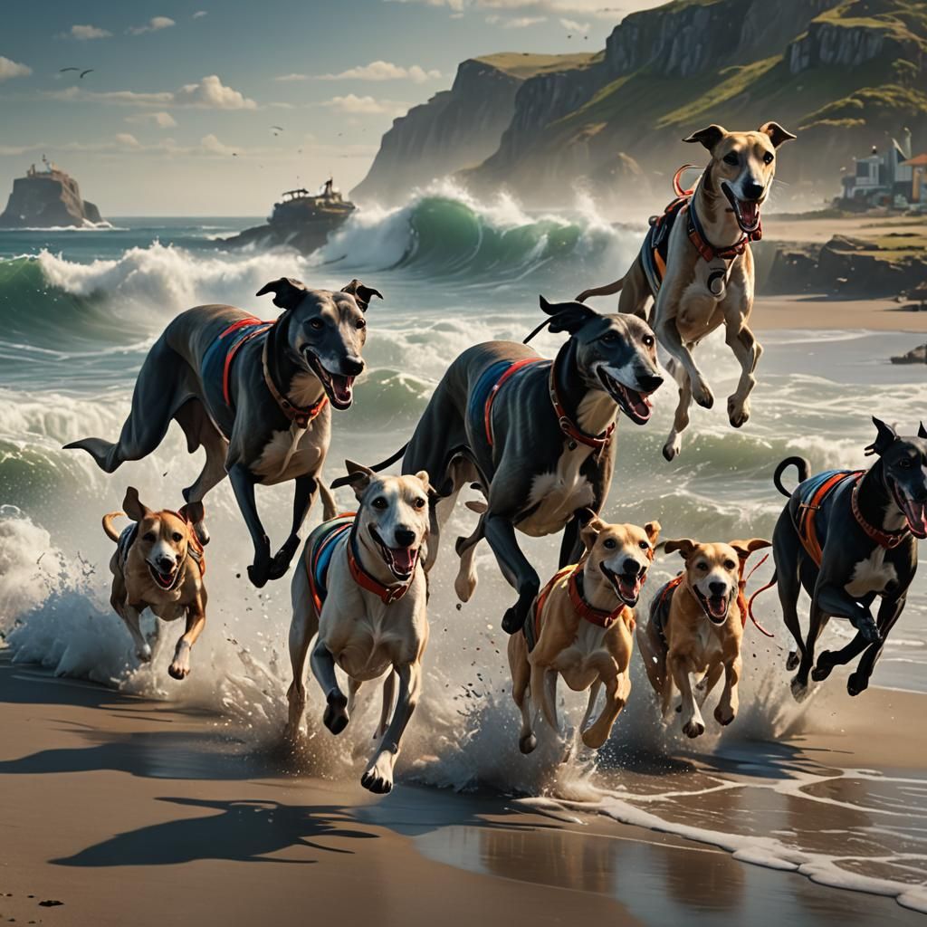 Greyhound Runs on Beach: Detailed Matte Painting