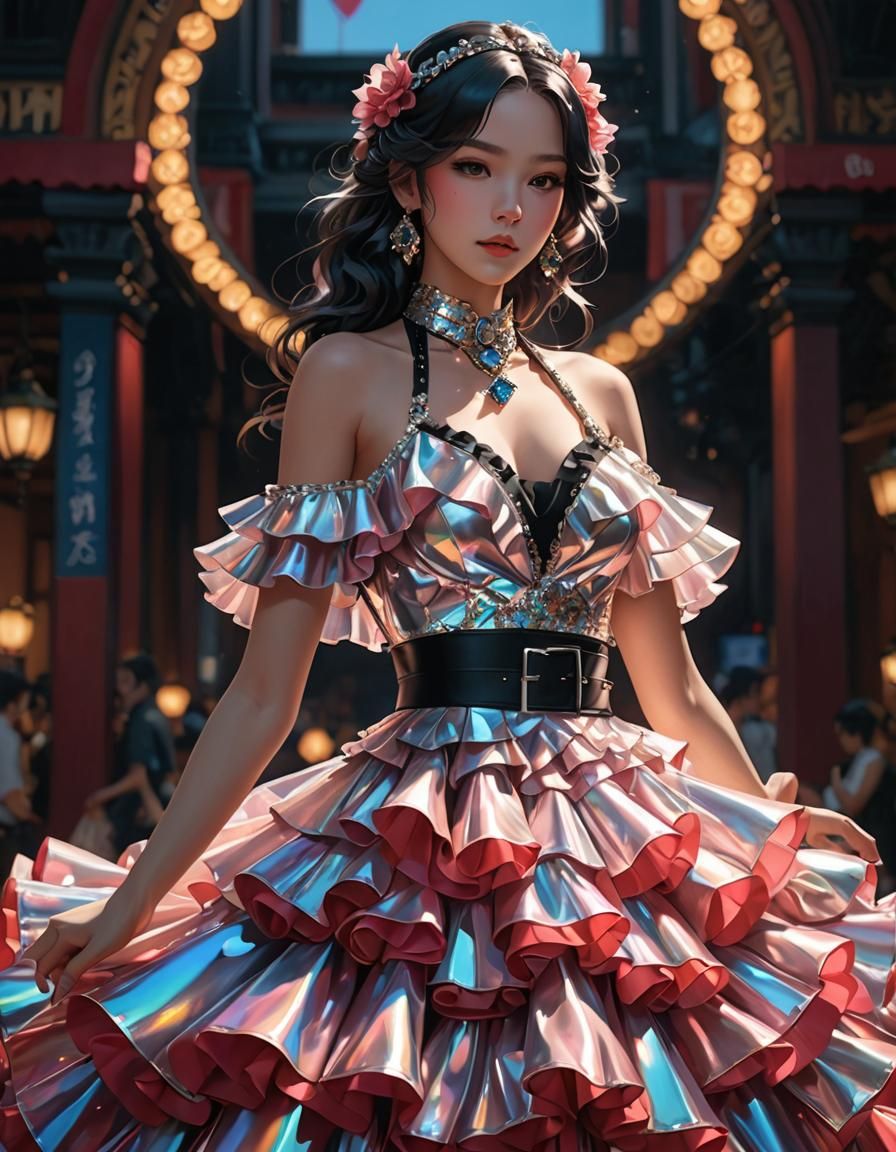 Iridescent Flamenco Dress in 3D Anime Style