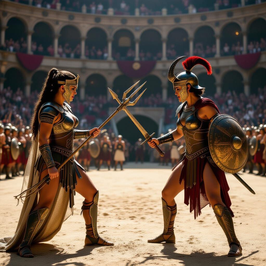 Elf Gladiatrix Battles Demon in Roman Colosseum
