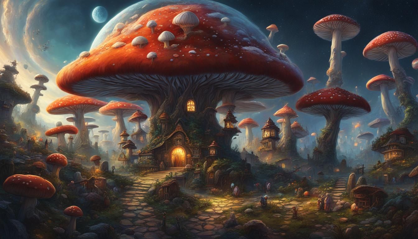 Magical Mushroom Fairy City in Clouds at Night