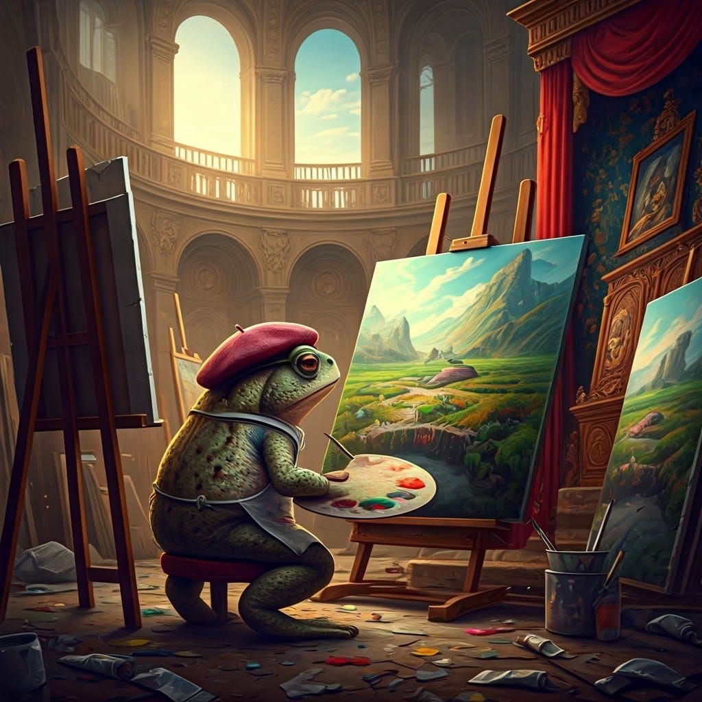 Toad Artist in Renaissance Studio, Hyperrealistic Digital Ar...