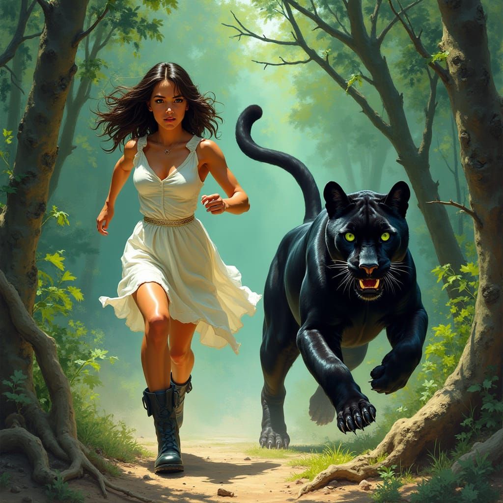Woman Runs from Panther in Jungle Fantasy Art