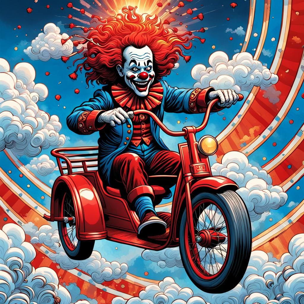 Clown on Tricycle in Clouds, Comic Book Style