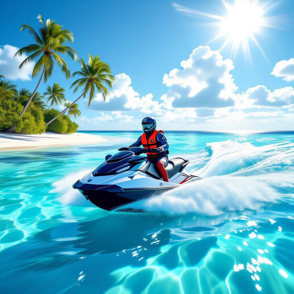 Jet Ski Rider on Turquoise Lagoon in Hyper-Realistic Style