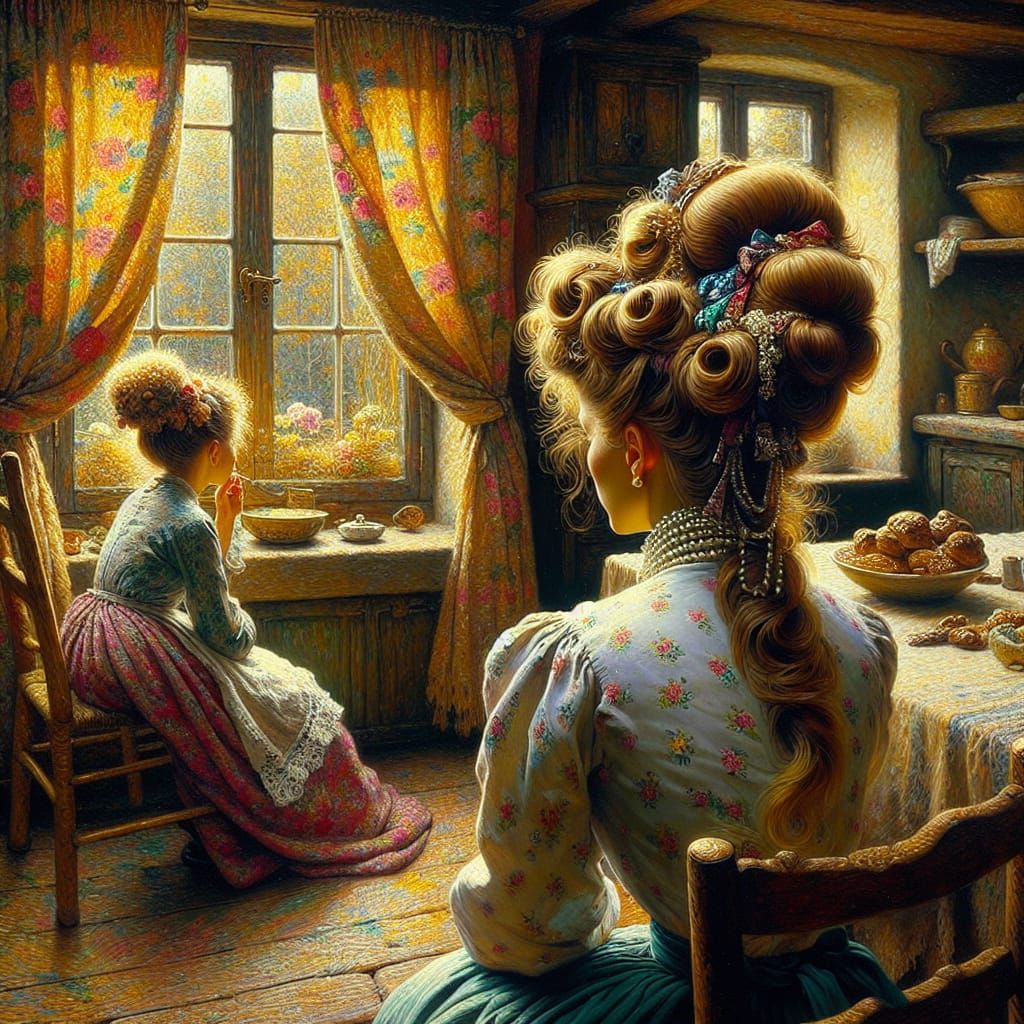 Grandmother and Granddaughter in Cozy Kitchen as Oil Paintin...