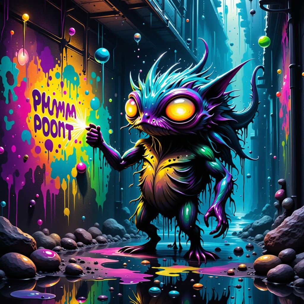 Fantastical Creature Paints Neon Graffiti in Urban Alley