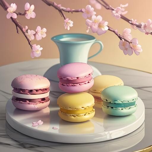 Pastel Macarons with Spring Motifs in Oil Painting Style