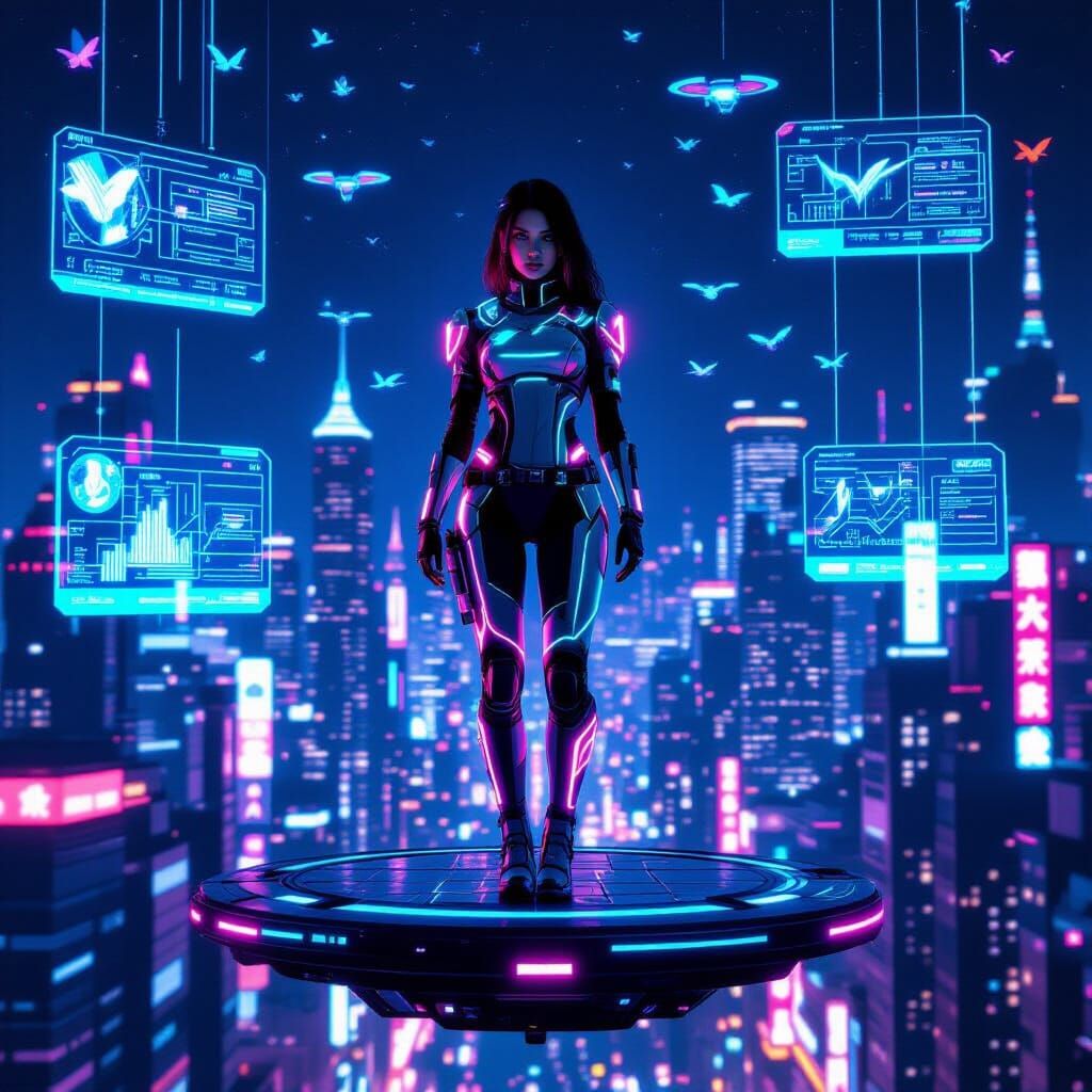 Woman on Futuristic Platform Above Cyberpunk City