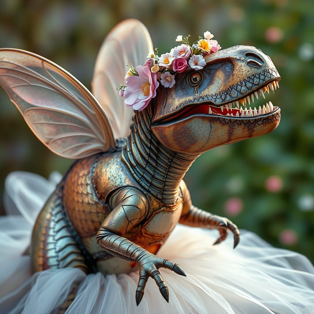 Whimsical Metallic T-Rex with Fairy Wings and Floral Crown i...