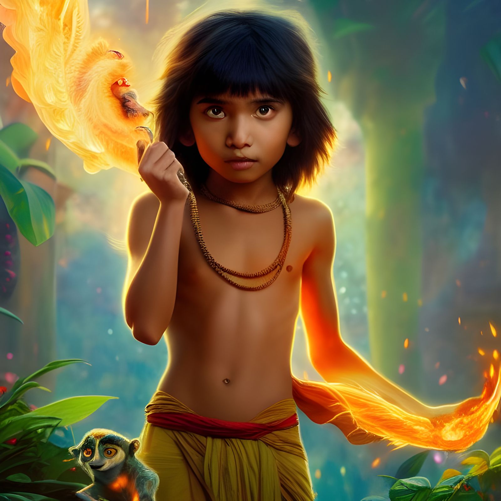 Fiery Mowgli in Astral Illustration Style