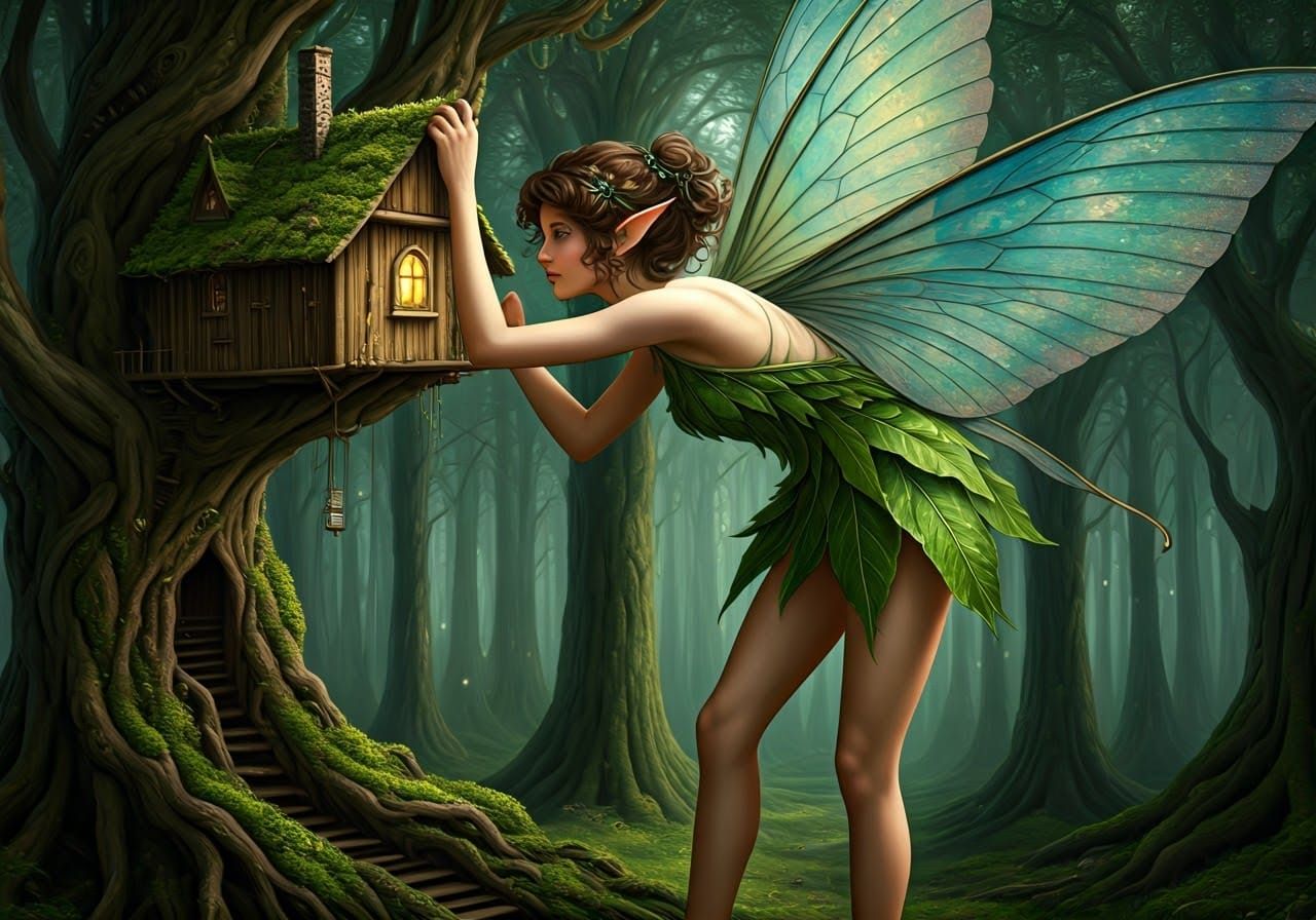 Giant Fairy in Mystical Forest Scene