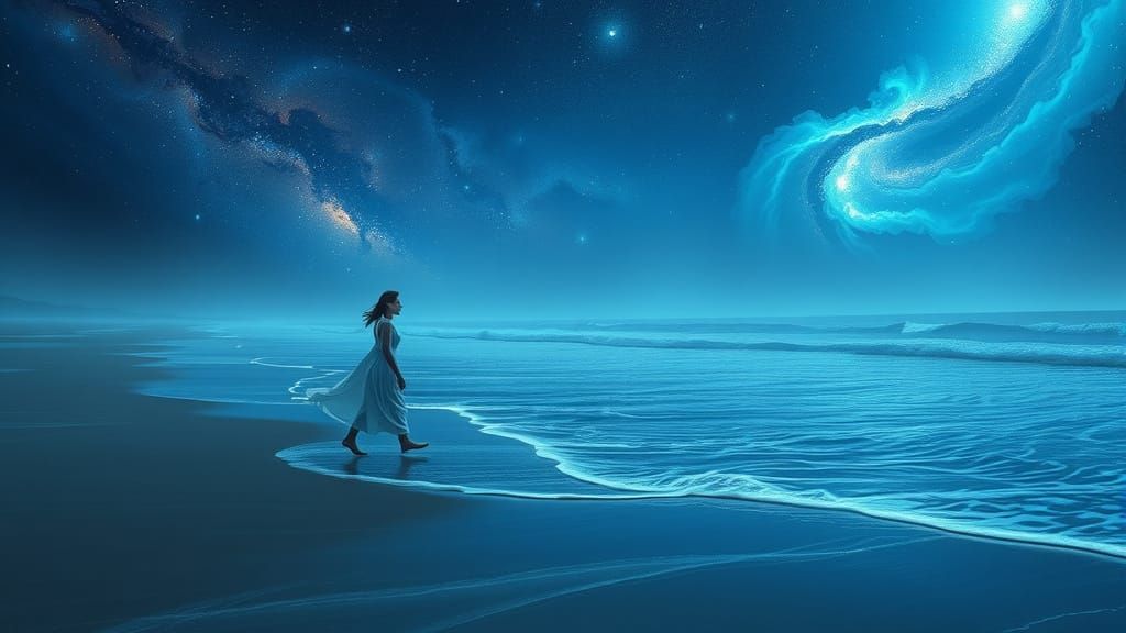 Bioluminescent Beach Stroll Under Galaxy Sky