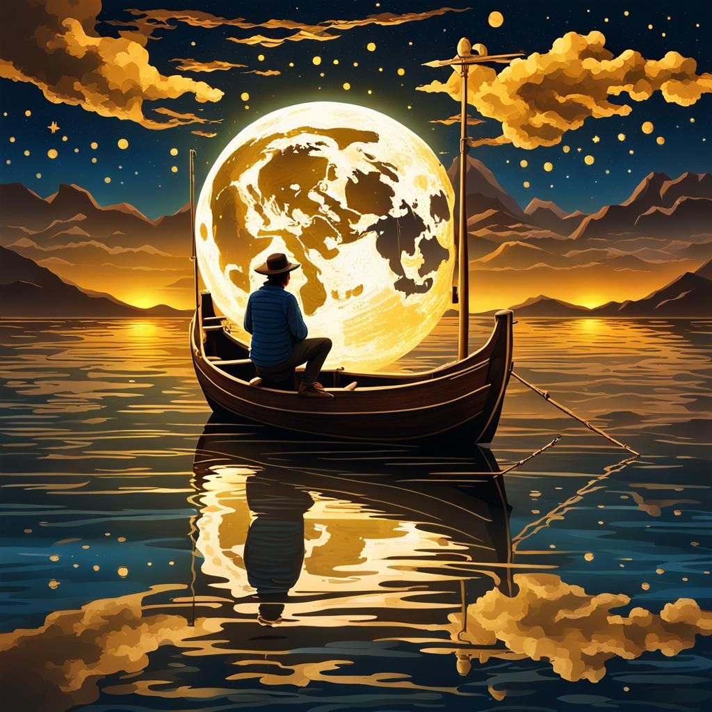 Golden Ocean Reflection: A Man's Dreamlike Voyage