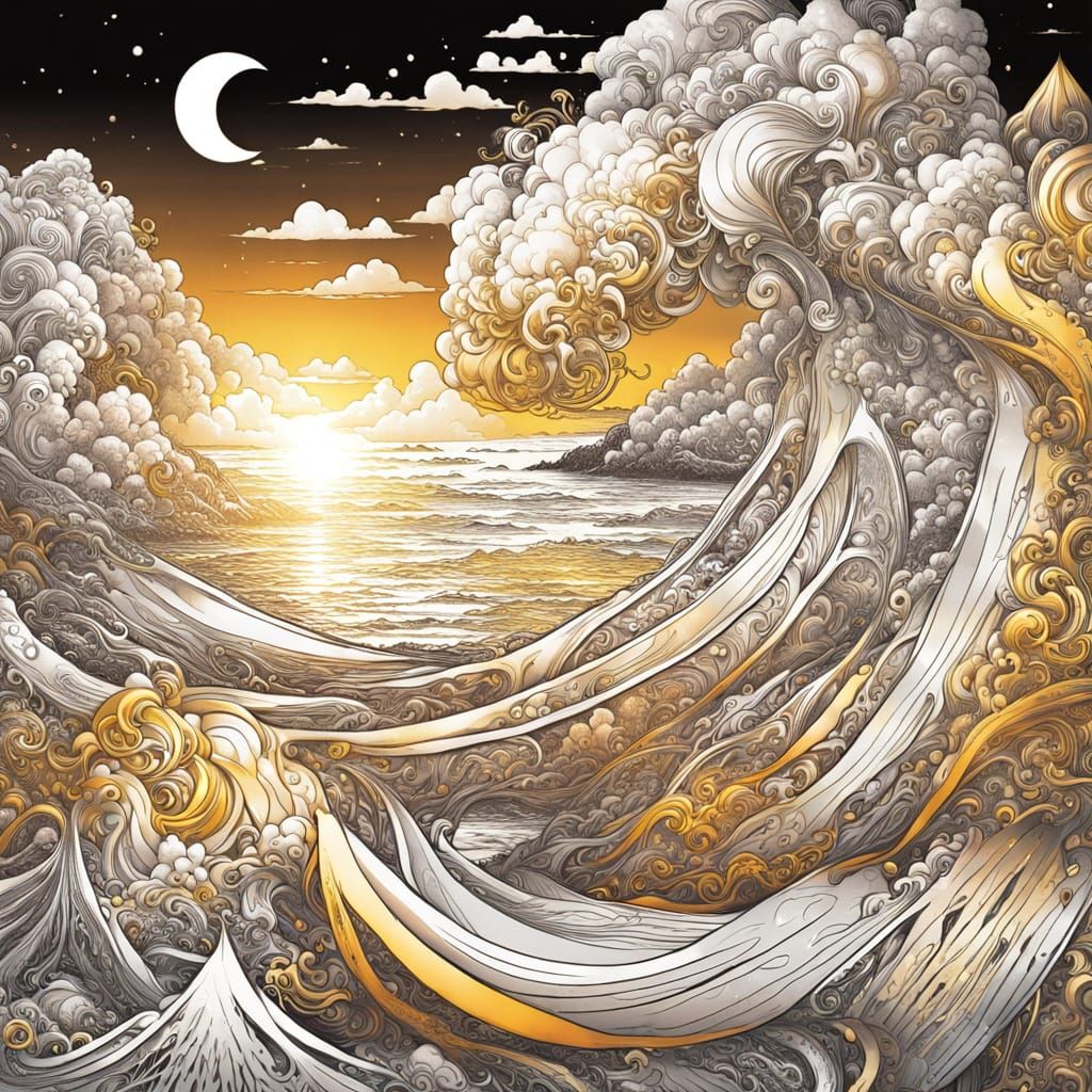 Elaborate Liquid Ink Illustration in Golden Hour Light