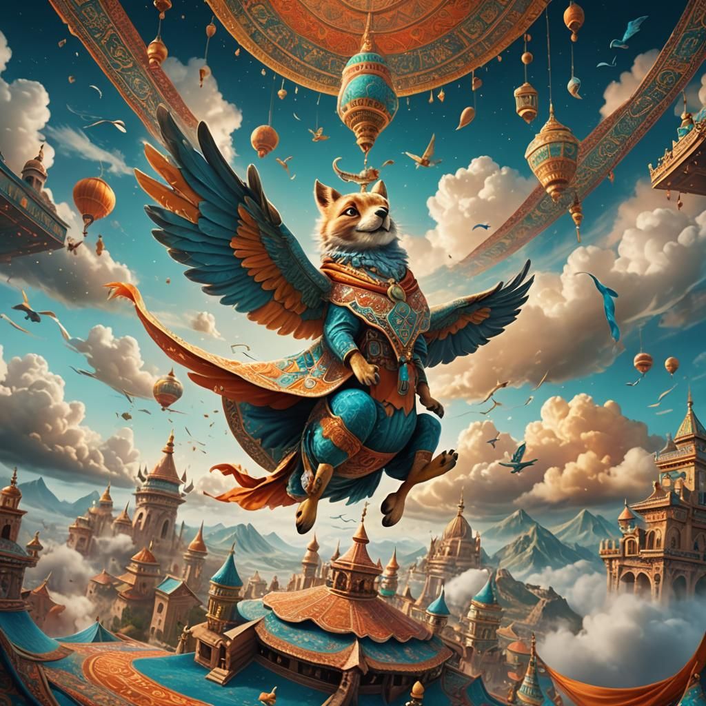 Cute Animal Soaring on Flying Carpet in Digital Painting