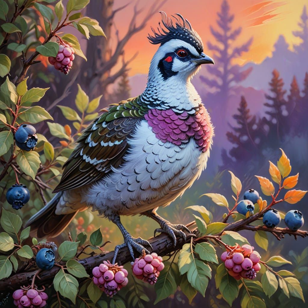 Crested Grouse on Blueberry Branch in Oil