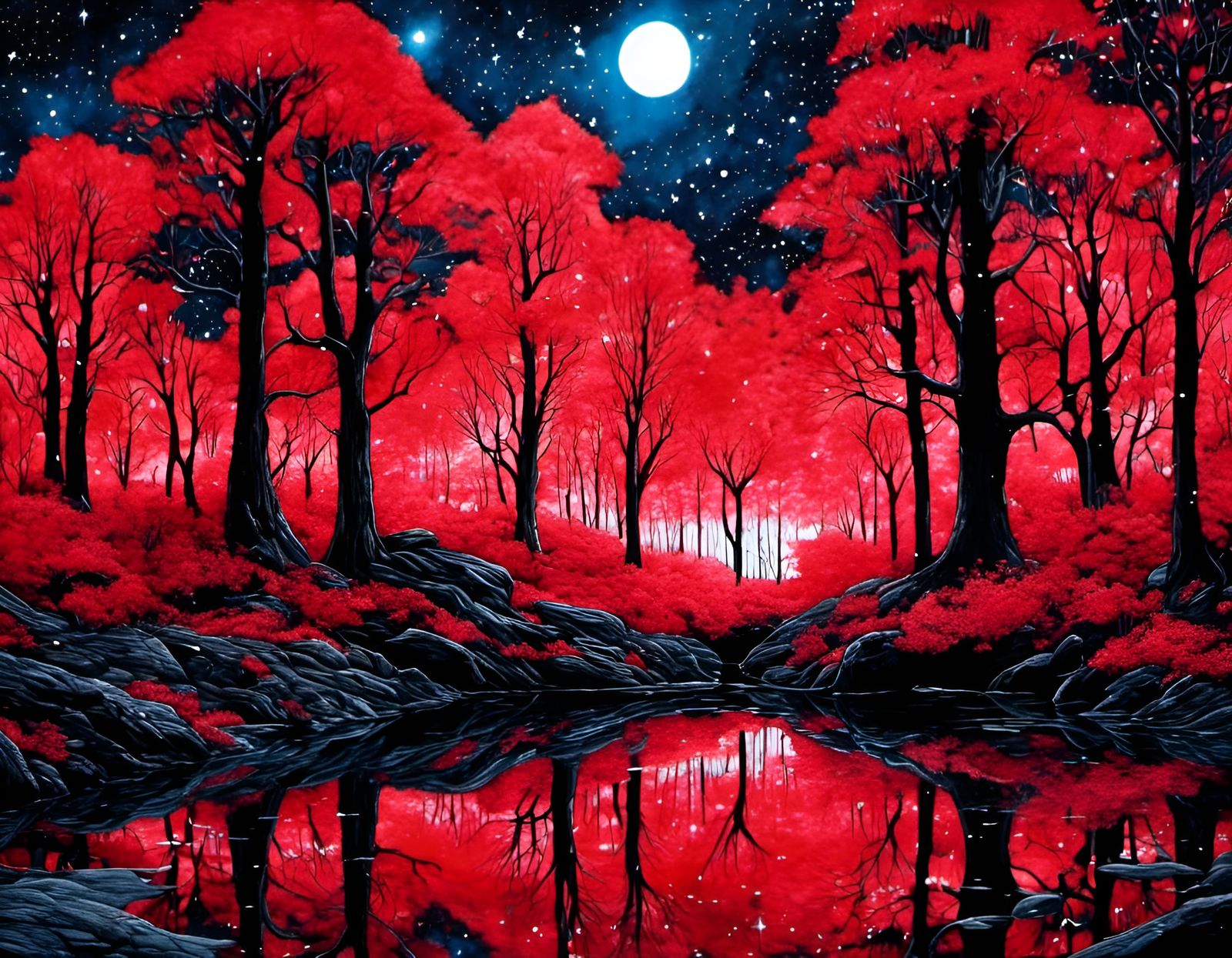 <lora:Autumn Winter:1.0> Whimsical Red Fantasy enchanted forest, hyperdetailed illustration, black black night sky, brig...