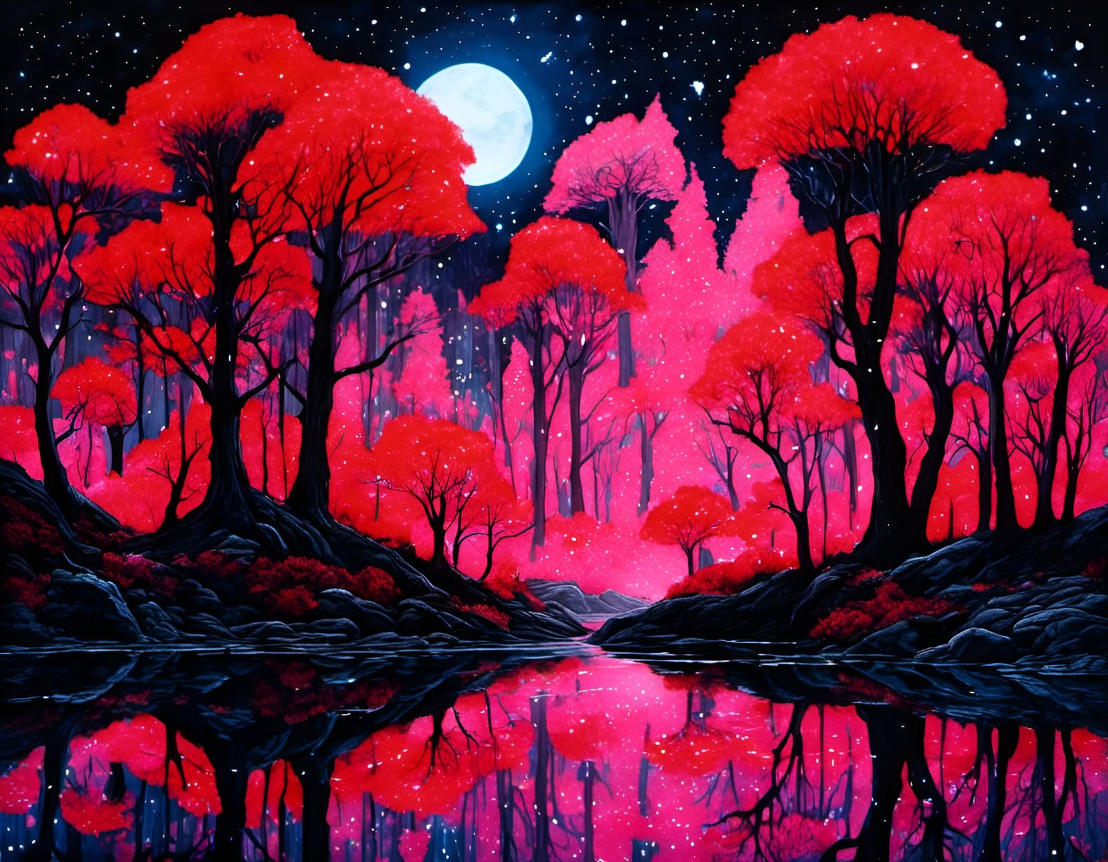 <lora:Autumn Winter:1.0> Whimsical Red Fantasy enchanted forest, hyperdetailed illustration, black black night sky, brig...