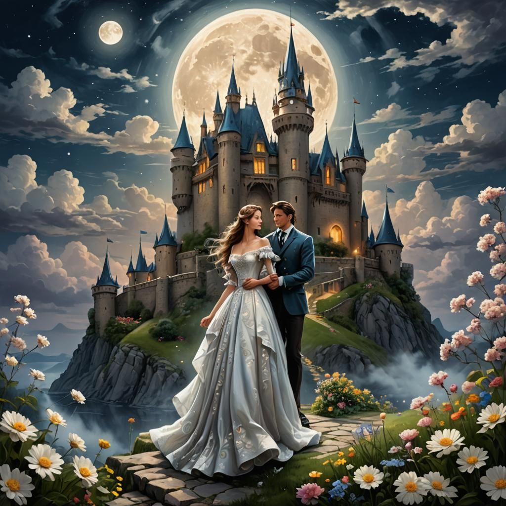 Fantasy Castle Scene with Moonlit Couple