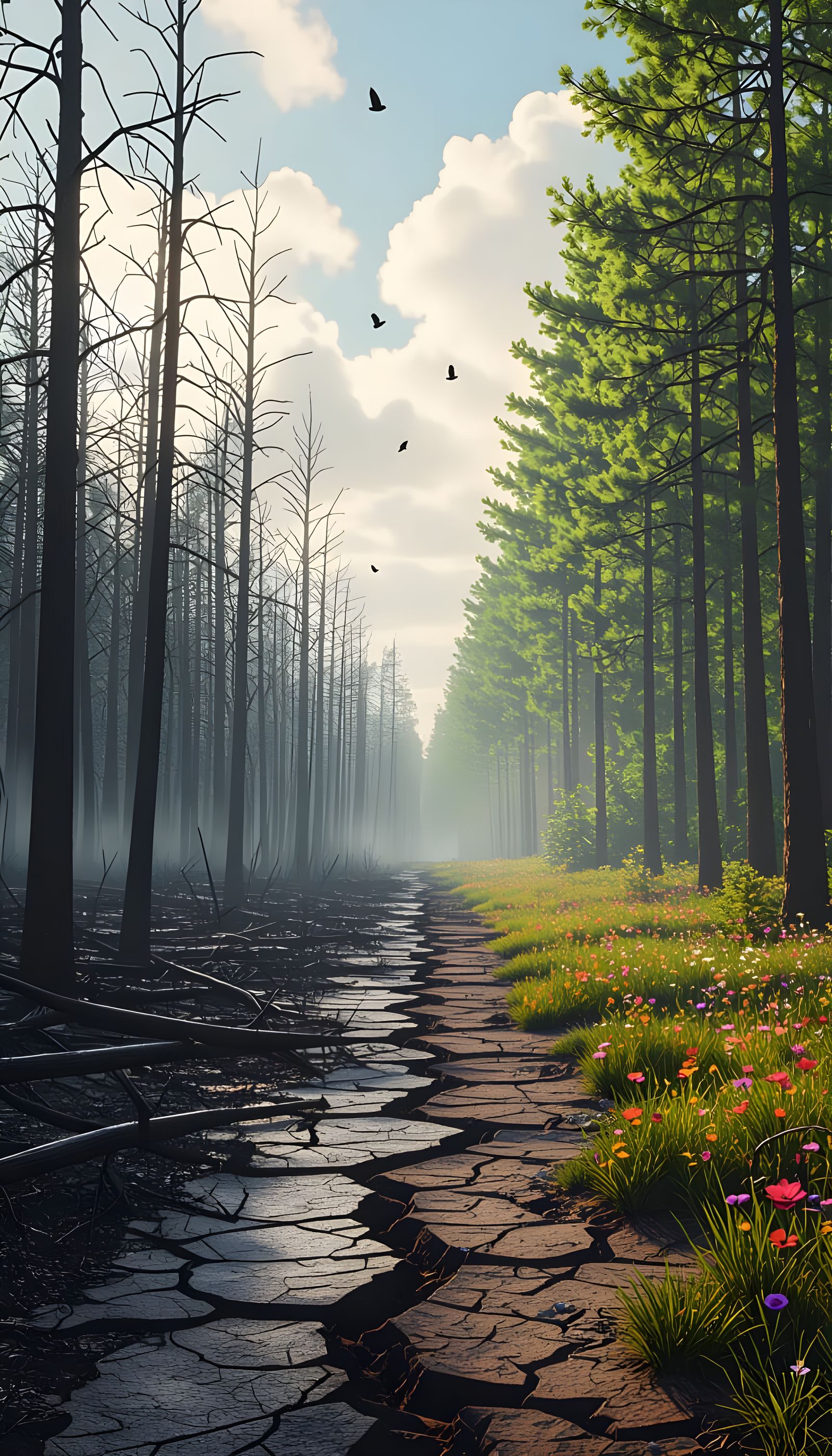 Devastated vs Vibrant Forest Split Scene