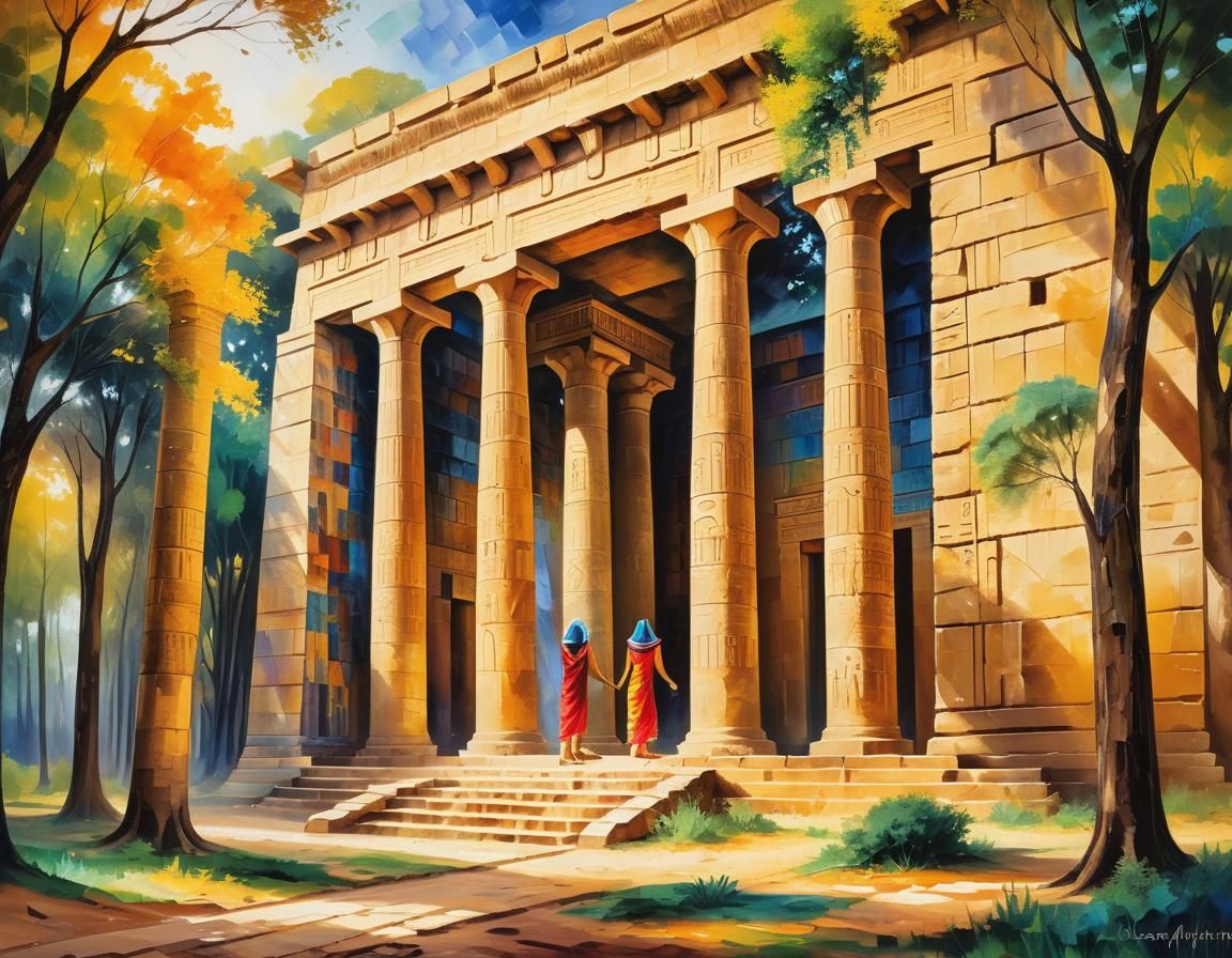 Temple Frescoes in Mystical Forest: Impressionist Painting