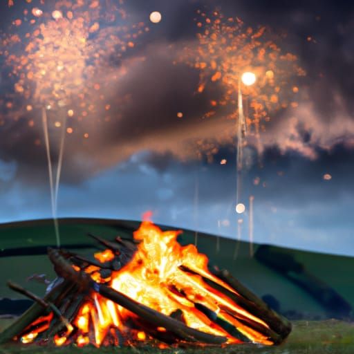 Bonfire Night Fireworks Under Stormy Sky
