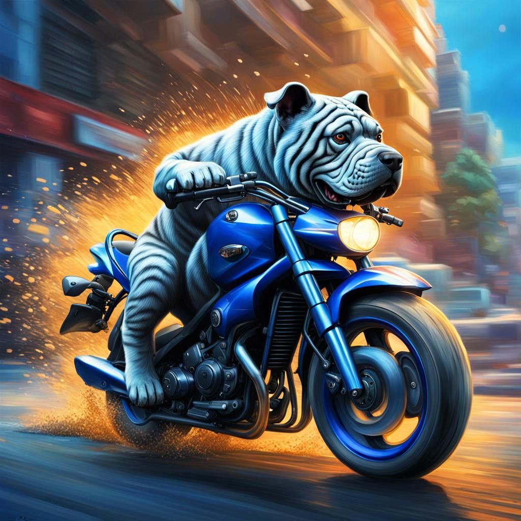 Blue Shar-Pei Dog on Yamaha Motorcycle