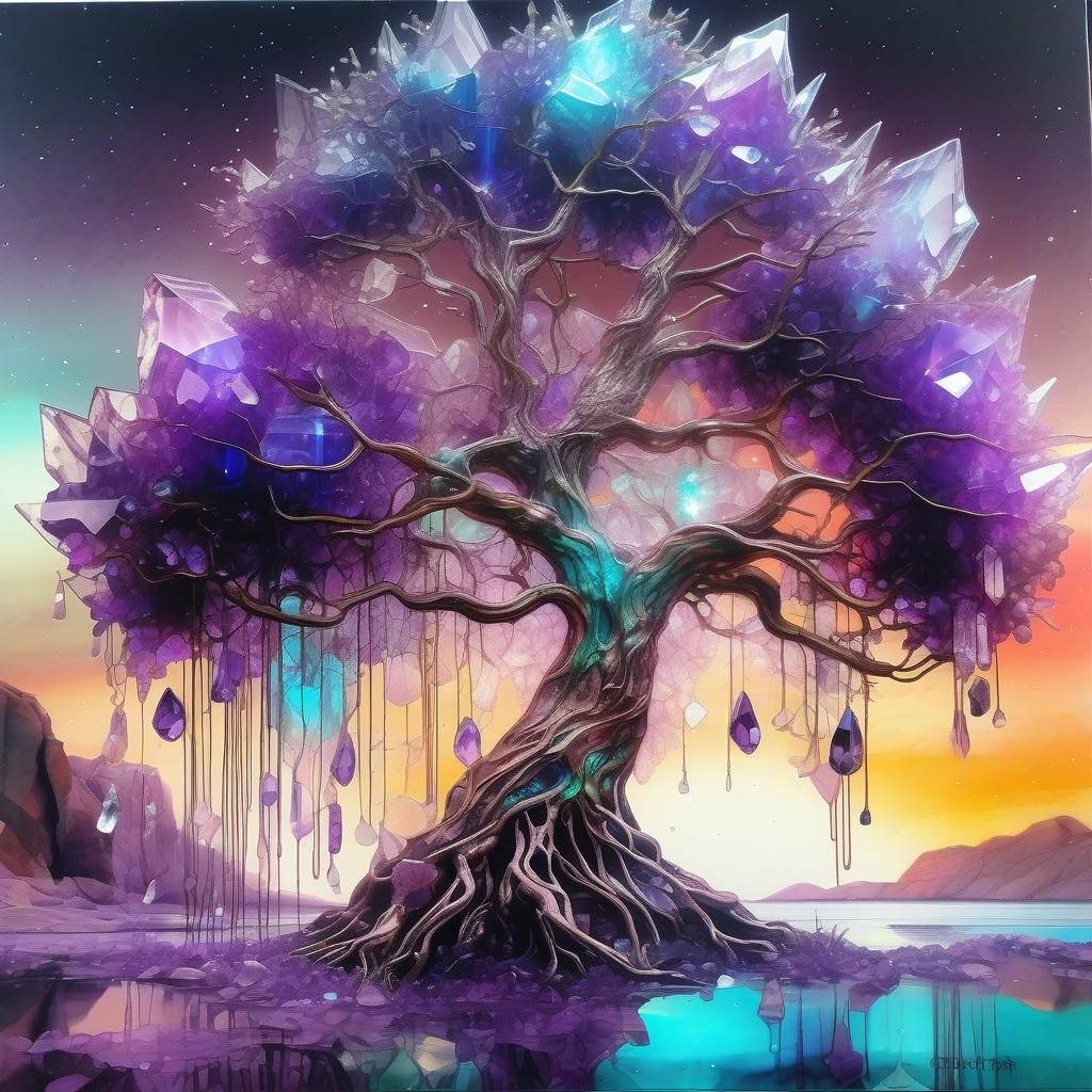 Amethyst Crystal Tree in Bioluminescent Landscape