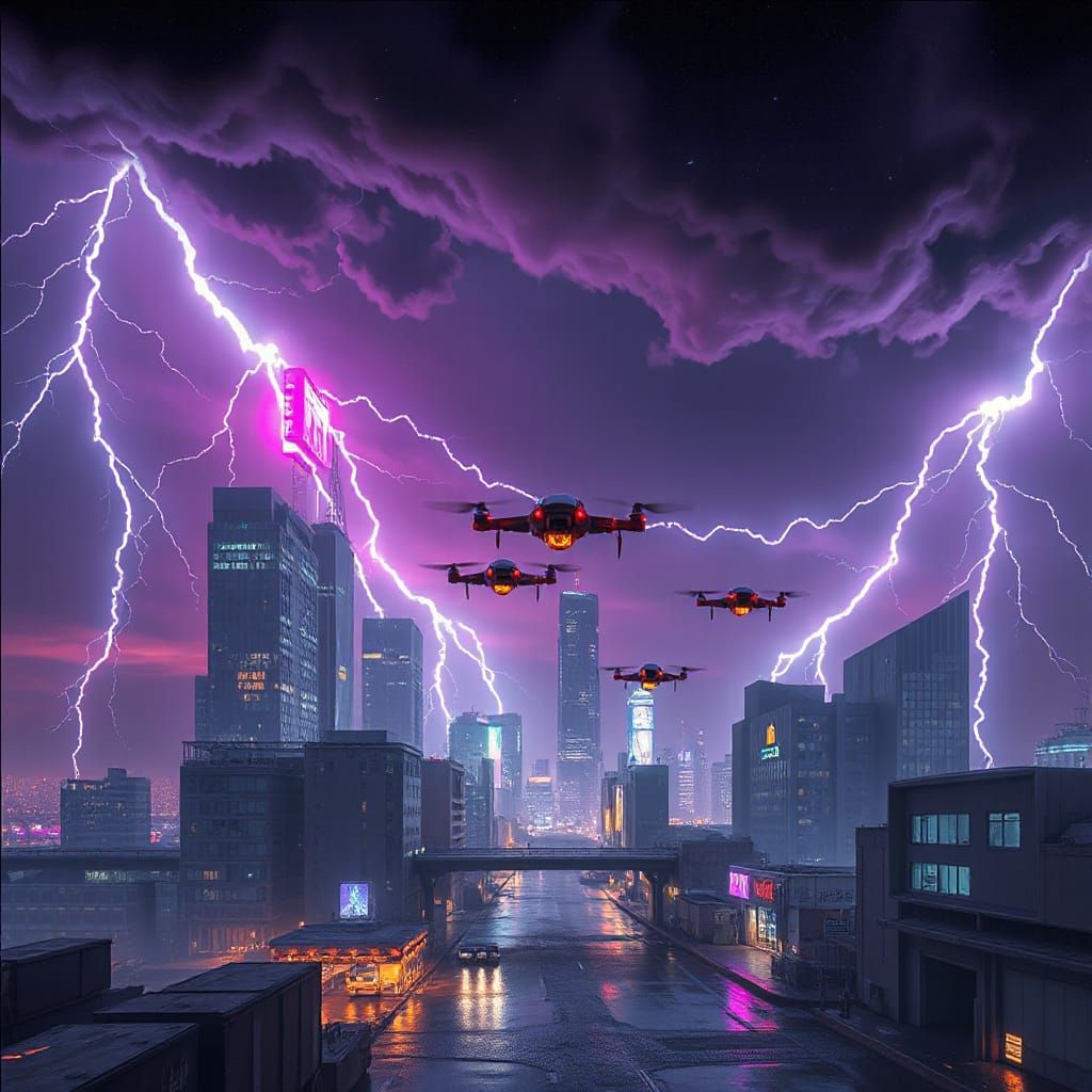 Dystopian Cityscape with Flying Drones in Synthwave Style