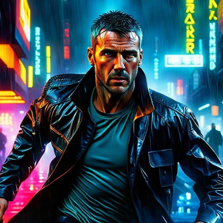Cyberpunk Detective Runs Through Neon City at Night