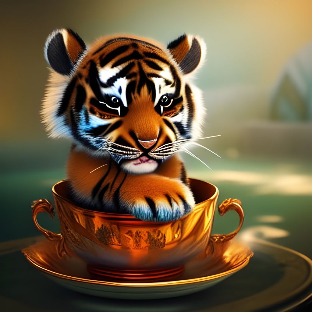 Cute Baby Tiger Sleeping in Teacup: Digital Art