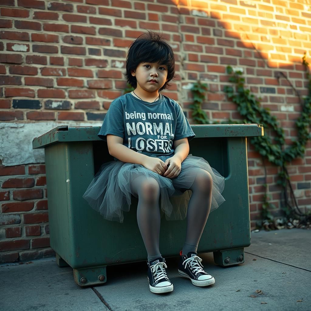 Boy in Tulle Skirt on Green Dumpster