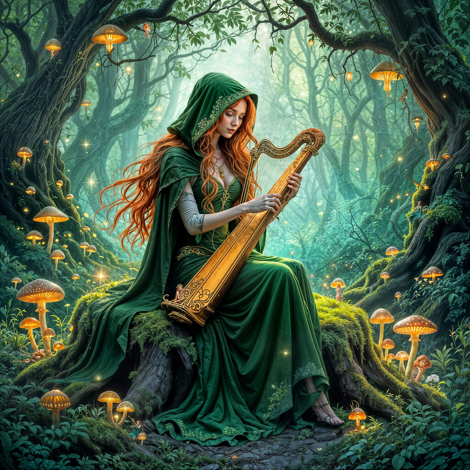 Ethereal Fairy with Red Hair Plays Enchanting Harp in Glowin...