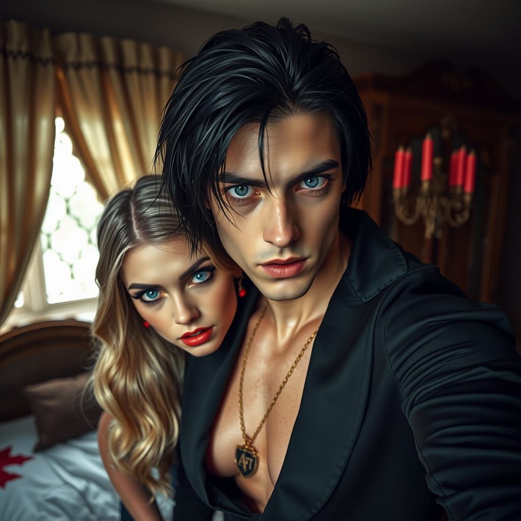 Handsome Vampire Selfie in Gothic Bedroom