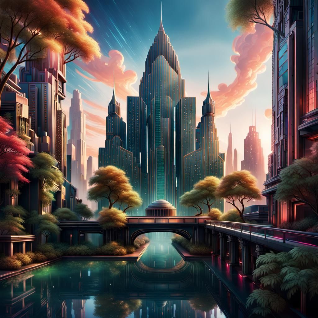 Art Deco Fantasy Cityscape with Neon Lights