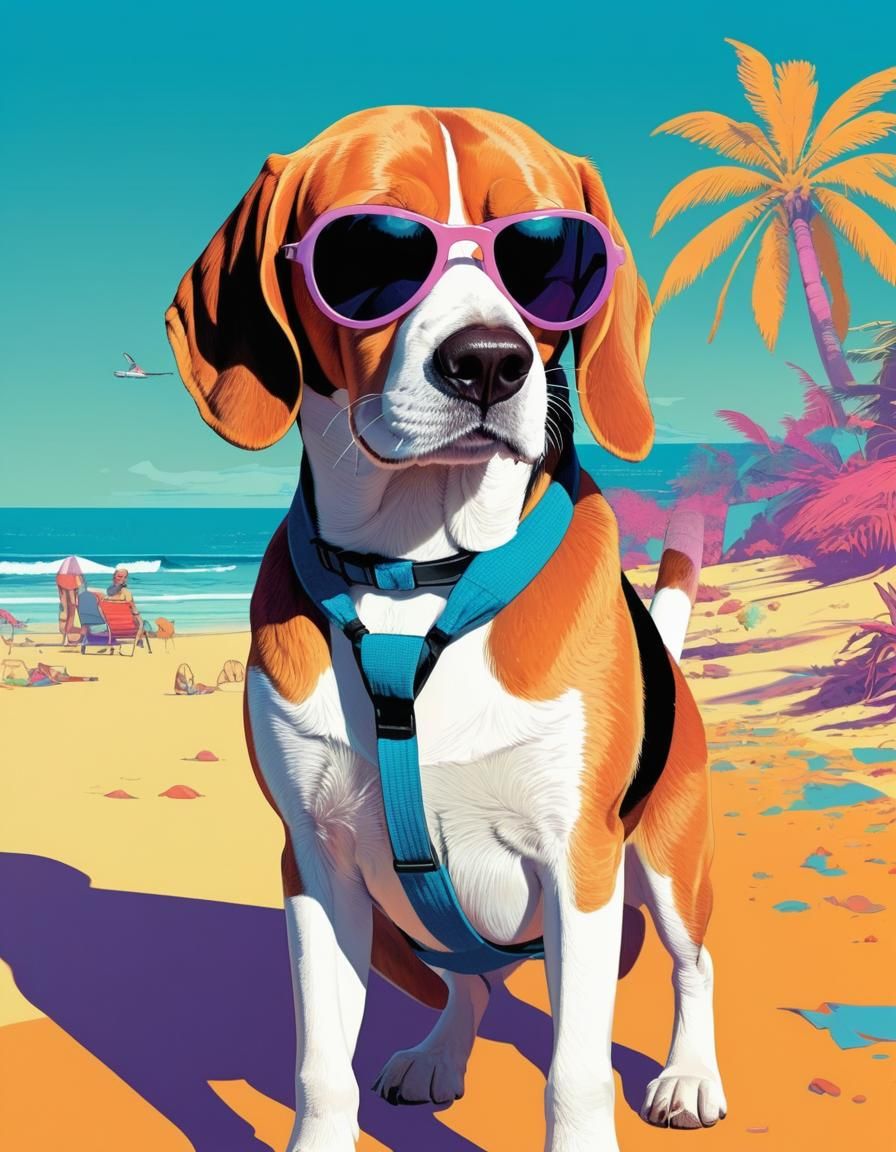 Beagle in Sunglasses on Tropical Beach, Cartoon Art