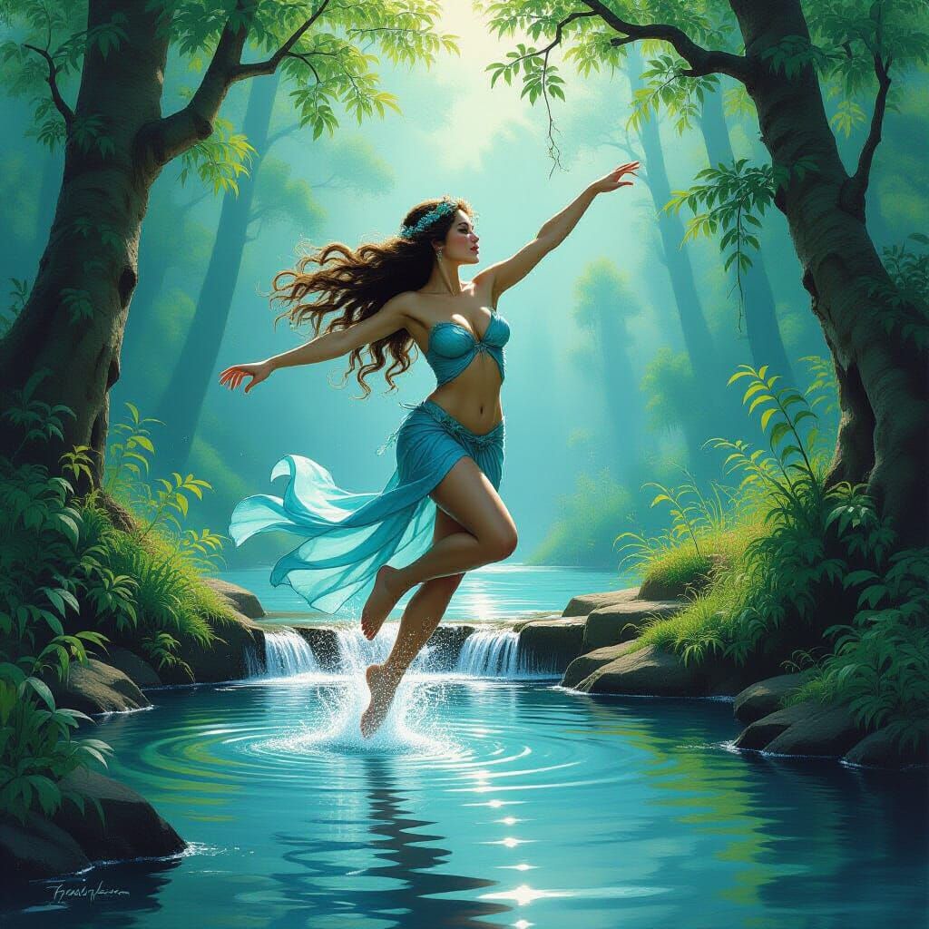 Water Nymph Leaping into Forest Pond: Fantasy Oil Painting