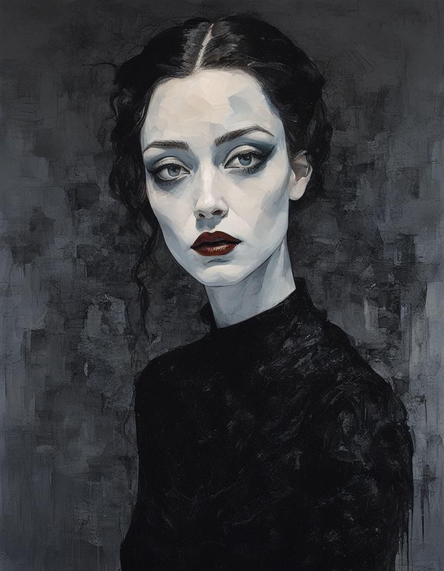 Goth Girl Portrait in High Contrast Impasto Style