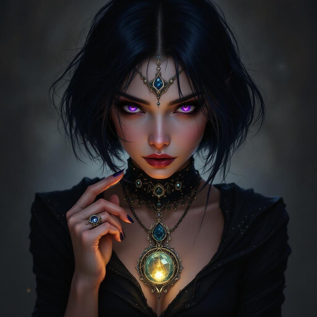 Mystical Elf Seer with Violet Eyes and Pendant