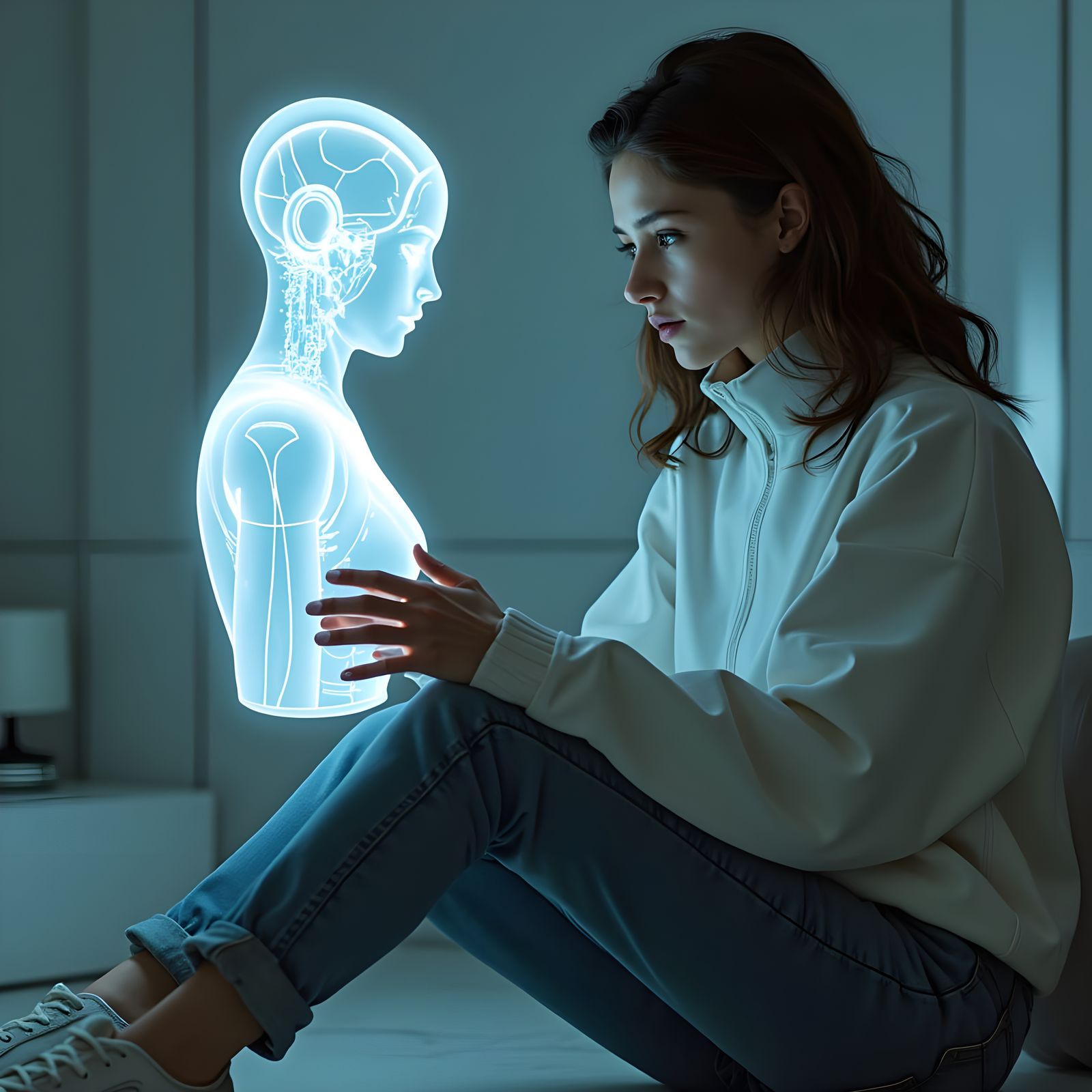 Young Woman Undergoing Mind Control in Futuristic Setting